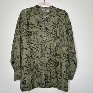 Chicos Tunic‎ Topper Green Bamboo Print Linen Asian Inspired